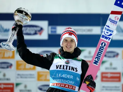 Ski Jumping - Four Hills Tournament - Oberstdorf, Germany - December 29, 2022 Norway's Halvor Egner Granerud celebrates on the podium after winning the men's HS137 REUTERS/Lisi Niesner