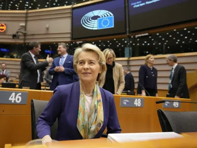 European Commission President Ursula von der Leyen waits for the start of a plenary session at the European Parliament in Brussels, Wednesday, March 29, 2023. (AP Photo/Virginia Mayo)