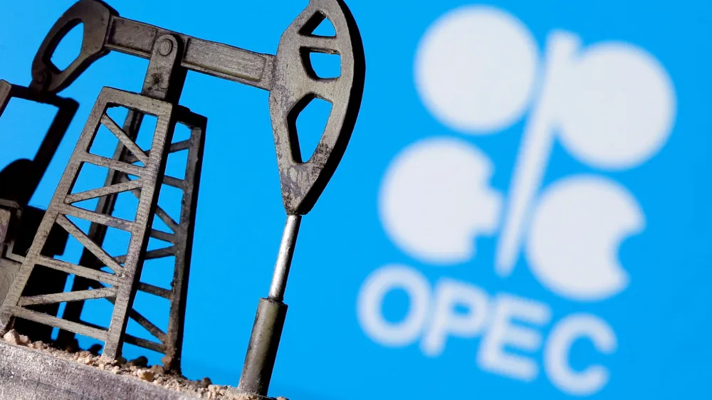 FILE PHOTO: A 3D-printed oil pump jack is seen in front of displayed OPEC logo in this illustration picture, April 14, 2020. REUTERS/Dado Ruvic/File Photo