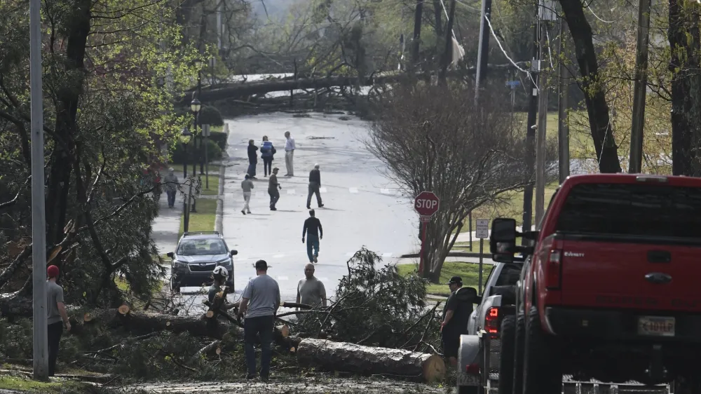 People work to clear trees on the road in Cammack Village, Ark., after a tornado swept through the area, Friday, March 31, 2023. (Stephen Swofford/Arkansas Democrat-Gazette via AP)