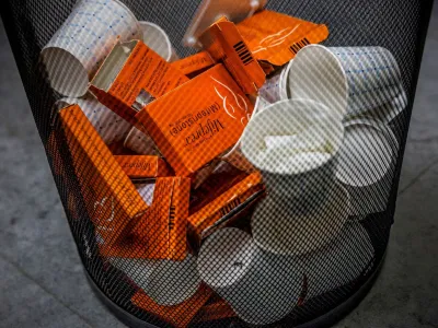 FILE PHOTO: Used boxes of Mifepristone pills, the first drug used in a medical abortion, fill a trash at Alamo Women's Clinic in Albuquerque, New Mexico, U.S., January 11, 2023. REUTERS/Evleyn Hockstein/File Photo