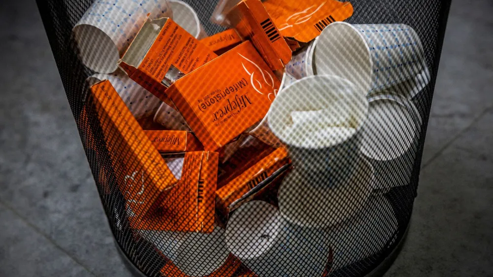 FILE PHOTO: Used boxes of Mifepristone pills, the first drug used in a medical abortion, fill a trash at Alamo Women's Clinic in Albuquerque, New Mexico, U.S., January 11, 2023. REUTERS/Evleyn Hockstein/File Photo