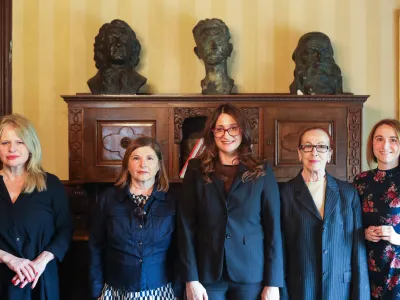 Mojca Kumerdej, Mirana Likar, Adriana Kuči, Jožica Avbelj (v imenu Lado Kralja), Katja Gorečan- 20.04.2023 &ndash; Dru&scaron;tvo slovenskih pisateljev &ndash; predstavitev nominiranih knjig za Cankarjevo nagrado, najbolj&scaron;e literarno delo minulega leta. //FOTO: Bojan Velikonja