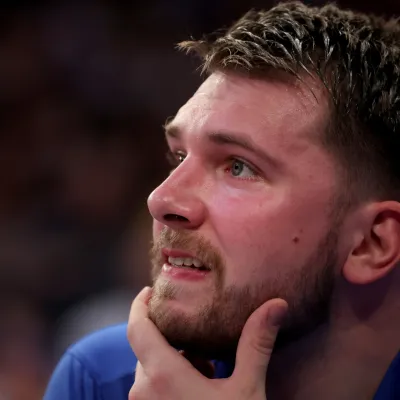 Dec 3, 2022; New York, New York, USA; Dallas Mavericks guard Luka Doncic (77) watches from the bench during the second quarter against the New York Knicks at Madison Square Garden. Mandatory Credit: Brad Penner-USA TODAY Sports