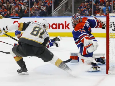 May 8, 2023; Edmonton, Alberta, CAN; Edmonton Oilers goaltender Stuart Skinner (74) Nashville Predators on Vegas Golden Knights forward Jonathan Marchessault (81) during the second period in game three of the second round of the 2023 Stanley Cup Playoffs at Rogers Place. Mandatory Credit: Perry Nelson-USA TODAY Sports