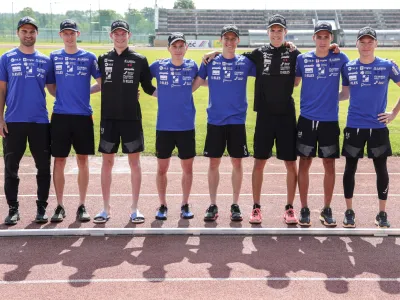 Robert Hrgota, Lovro Kos, Žiga Jelar, Domen Prevc, Peter Prevc, Žiga Jelar, Žak Mogel, Timi Zajc, Anže Lani&scaron;ek- 29.05.2023 - mo&scaron;ka reprezentanca v smučarskih skokih - kondicijski trening na stadionu v Kranju &ndash; smučarski skakalci - //FOTO: Jaka Gasar