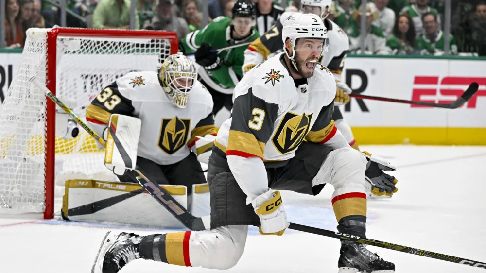 May 29, 2023; Dallas, Texas, USA; Vegas Golden Knights defenseman Brayden McNabb (3) blocks a shot by the Dallas Stars during the first period in game six of the Western Conference Finals of the 2023 Stanley Cup Playoffs at American Airlines Center. Mandatory Credit: Jerome Miron-USA TODAY Sports