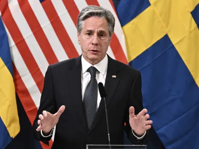 U.S. Secretary of State Antony Blinken speaks during a press meeting in Lulea, Sweden, Tuesday May 30, 2023. Blinken said Tuesday the "time is now" for Turkey to drop its objections to Sweden joining NATO but says the Biden administration also believes that Turkey should be provided with upgraded F-16 fighters "as soon as possible." (Jonas Ekstr&ouml;mer/TT News Agency via AP)