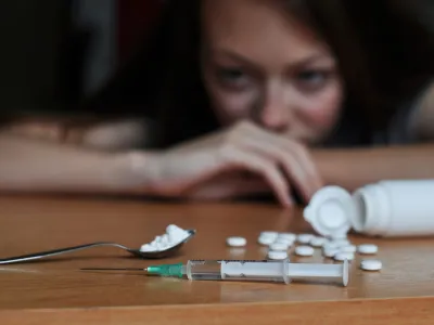 Junkie girl looking at drugs