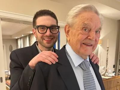 George Soros is seen with his son Alexander, in Munich, Germany in this picture obtained from social media and released February 16, 2023. Alex Soros via Twitter/via REUTERS THIS IMAGE HAS BEEN SUPPLIED BY A THIRD PARTY. MANDATORY CREDIT. NO RESALES. NO ARCHIVES.
