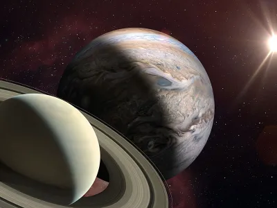 Great Conjunction: Jupiter and Saturn Meet on Solstice. Rare Jupiter-Saturn Conjunction. Elements of this image furnished by NASA. ______ Url(s): https://images.nasa.gov/details-PIA22949https://solarsystem.nasa.gov/resources/17549/saturn-mosaic-ian-reganSoftware: Adobe Photoshop CC 2015. Knoll light factory. Adobe After Effects CC 2017.