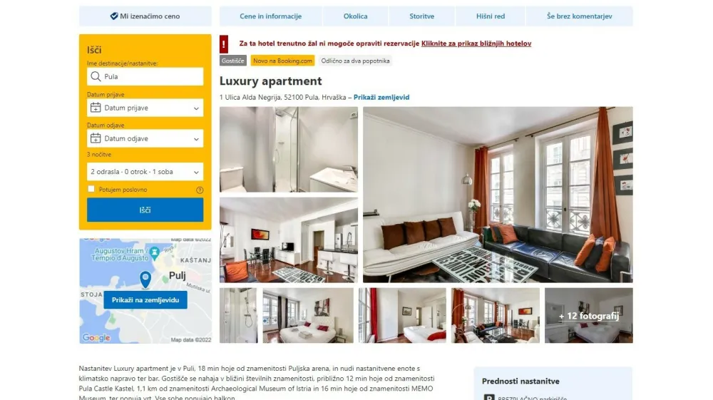 Primer lažnega oglasa na Bookingu, ki je videti povsem &raquo;resničen&laquo;. Foto: Varni na internetu