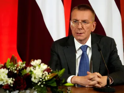 Newly-elected Latvian President Edgars Rinkevics speaks during a press conference in Riga, Latvia May 31, 2023. REUTERS/Ints Kalnins