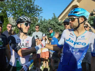 Tadej Pogačar (UAE Team Emirates), in Luka Mezgec 25.06.2023 &ndash; Radovljica &ndash; kolesarstvo - državno prvenstvo, cestna dirka (156 km), člani&nbsp;//FOTO: Luka Cjuha