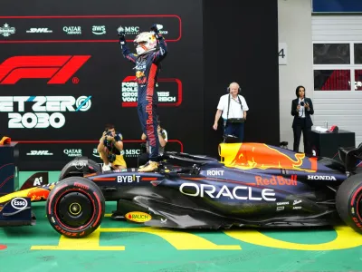 02 July 2023, Austria, Spielberg: Dutch Formula 1 driver Max Verstappen of Red Bull Racing, celebrates winning the Austrian Grand Prix at the Red Bull Ring. Photo: Georg Hochmuth/APA/dpa