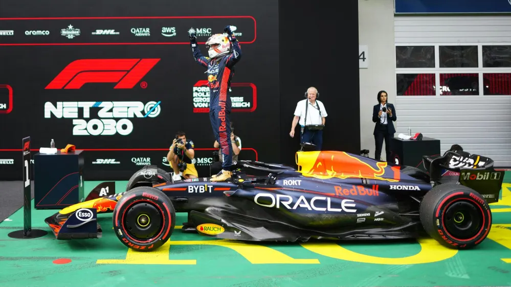 02 July 2023, Austria, Spielberg: Dutch Formula 1 driver Max Verstappen of Red Bull Racing, celebrates winning the Austrian Grand Prix at the Red Bull Ring. Photo: Georg Hochmuth/APA/dpa