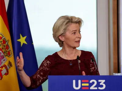 European Commission President Ursula von der Leyen attends a joint press conference with Spanish Prime Minister Pedro Sanchez during a visit to mark the beginning of the 6-month turn of the Spanish Presidency of the European Union Council, at the Royal Palace of Madrid, Spain, July 3, 2023. REUTERS/Violeta Santos Moura