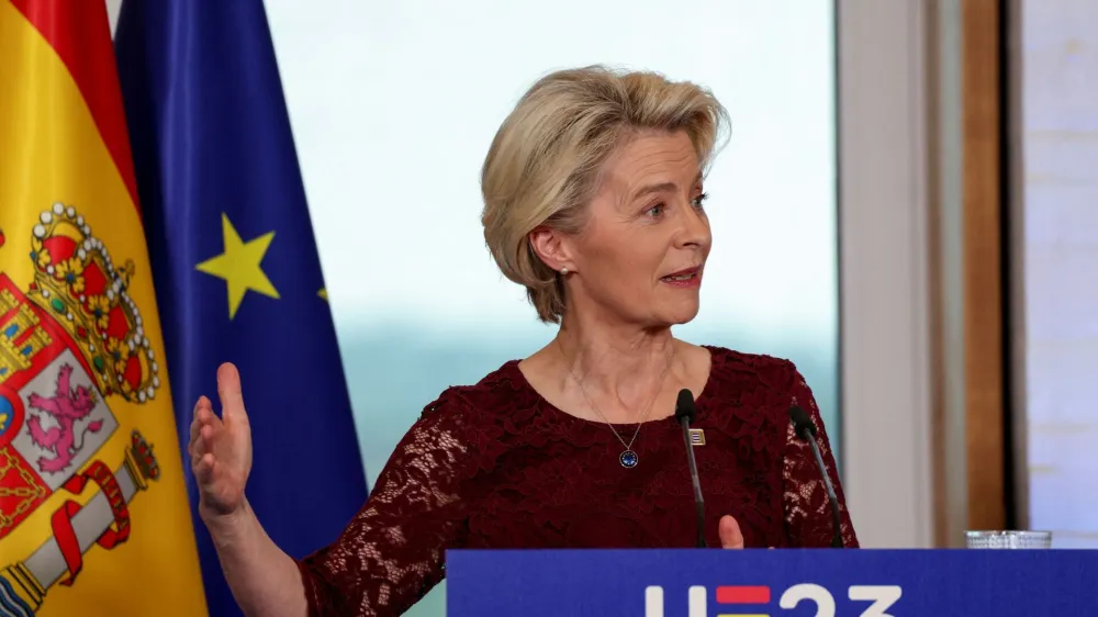 European Commission President Ursula von der Leyen attends a joint press conference with Spanish Prime Minister Pedro Sanchez during a visit to mark the beginning of the 6-month turn of the Spanish Presidency of the European Union Council, at the Royal Palace of Madrid, Spain, July 3, 2023. REUTERS/Violeta Santos Moura