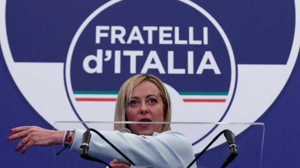 FILE PHOTO: Leader of Brothers of Italy Giorgia Meloni speaks at the party's election night headquarters, in Rome, Italy September 26, 2022. REUTERS/Guglielmo Mangiapane/File Photo