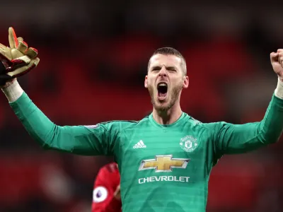 FILED - 13 January 2019, England, London: Manchester United goalkeeper David de Gea celebrates victory after the final whistle of the English Premier League soccer match between Tottenham Hotspur and Manchester United at Wembley Stadium. David de Gea signed a new contract Monday, tying him to the Premier League until at least 2023, with an option for an extra year. Photo: John Walton/PA Wire/dpa