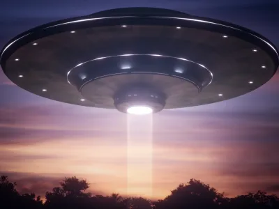 3D illustration. Spacecraft alien floating over the trees with tractor beam.