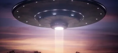 3D illustration. Spacecraft alien floating over the trees with tractor beam.