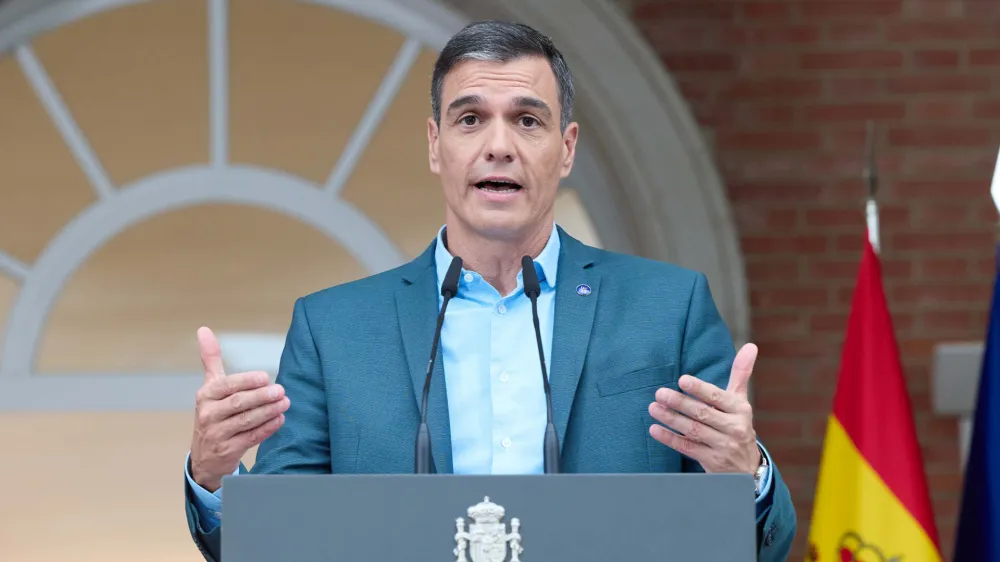 02 July 2023, Spain, Madrid: Spanish Prime Minister Pedro Sanchez speaks during a press conference with President of the European Council Charles Michel (Not Pictured) after their meeting at the Moncloa Palace. Photo: Jes&uacute;s Hell&iacute;n/EUROPA PRESS/dpa