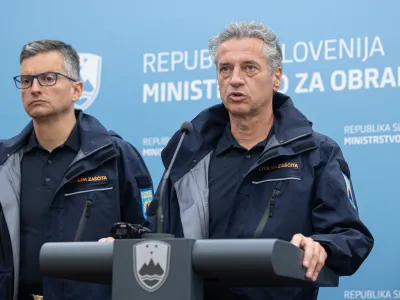 Ljubljana, Mors.<br>Izjava za javnost, na kateri so premier Robert Golob, obrambni minister Marjan Sarec, poveljnik Civilne zascite Srecko Sestan in hidrolog Janez Polajnar z agencije za okolje predstavili razmere po Sloveniji ob poplavah.