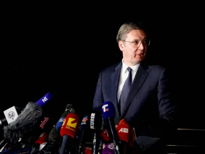 Serbian President Aleksandar Vucic speaks to the media, in Ohrid, North Macedonia March 18, 2023.REUTERS/Ognen Teofilovski