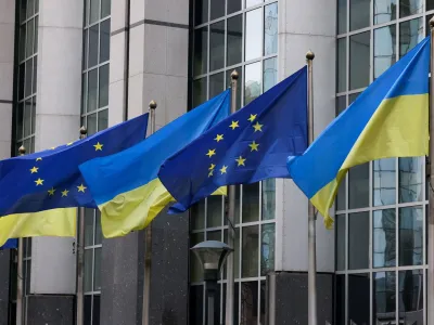FILE PHOTO: Flags of Ukraine fly in front of the EU Parliament building on the first anniversary of the Russian invasion, in Brussels, Belgium, February 24, 2023. REUTERS/Yves Herman/File Photo