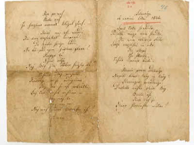 France Pre&scaron;eren, &raquo;Zdravica ob novini leta 1844&laquo;, rokopis prvotne različice &raquo;Zdravljice&laquo; (&scaron;e v bohoričici), ki jo je Pre&scaron;eren namenil objavi v Novicah, a jo je lokalni cenzor Jurij &Scaron;porer prepovedal. (hrani NUK)