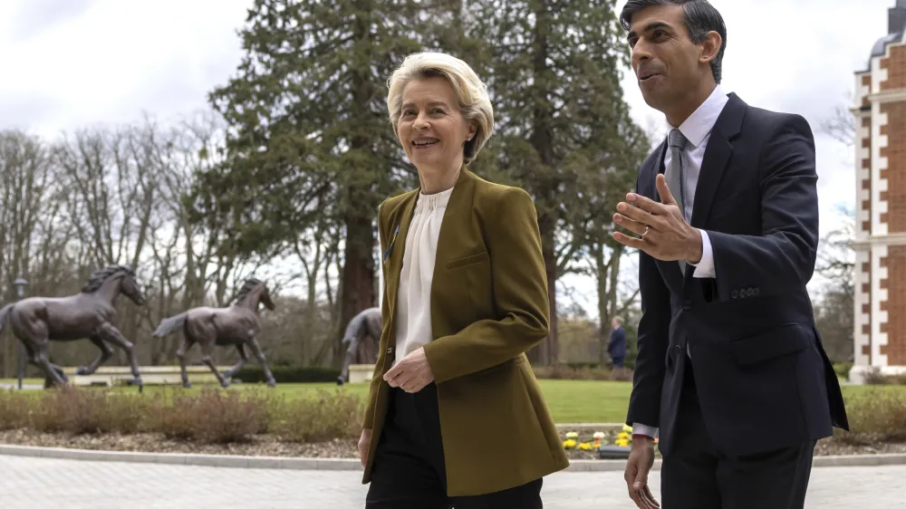 Britain's Prime Minister Rishi Sunak, right, greets European Commission President Ursula von der Leyen at the Fairmont Hotel in Windsor, England, Monday Feb. 27, 2023. The U.K. and the European Union were poised Monday to end years of wrangling and seal a deal to resolve their thorny post-Brexit trade dispute over Northern Ireland. Striking an agreement at a meeting with European Commission President Ursula von der Leyen would be a big victory for Prime Minister Rishi Sunak &mdash; but not the end of his troubles. (Dan Kitwood/Pool via AP)