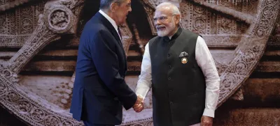 Indian Prime Minister Narendra Modi welcomes Russian Foreign Minister Sergei Lavrov upon his arrival at Bharat Mandapam convention center for the G20 Summit, in New Delhi, India, Saturday, Sept. 9, 2023. (AP Photo/Evan Vucci,Pool)
