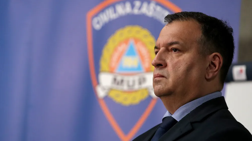 Hrvaska, Zagreb.<br>Novinarska konferenca hrvaske civilne zascite o aktualnem dogajanju glede koronavirusa na Hrvaskem.<br>Hrvaski minister za zdravstvo Vili Beros.