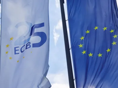 A view shows the European Central Bank (ECB) flag and the flag of the European Union, on the day of the monthly news conference following the ECB's monetary policy meeting in Frankfurt, Germany, September 14, 2023. REUTERS/Wolfgang Rattay