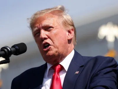 FILE PHOTO: Former U.S. President and Republican presidential candidate Donald Trump speaks during a 2024 presidential election campaign event at Sportsman Boats in Summerville, South Carolina, U.S. September 25, 2023. REUTERS/Sam Wolfe/File Photo
