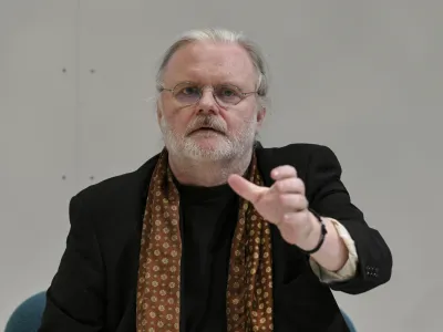 FILE - Norwegian author Jon Fosse speaks at the Frankfurt Book Fair, in Frankfurt, Germany, Oct. 16, 2019. The Nobel Prize in literature has been awarded to Norwegian author Jon Fosse. The permanent secretary of the Swedish Academy announced the prize Thursday, Oct. 5, 2023 in Stockholm. The academy says the prize is for Fosse's "his innovative plays and prose, which give voice to the unsayable." (Jens Kalaene/dpa via AP, File)