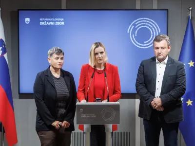 Ljubljana, DZ.<br>Izjava za medije predsednice, podpredsednika in clanice preiskovalne komisije DZ, ki preiskuje sume nezakonitega financiranja politicnih strank, Mojce Setinc Pasek, Soniboja Knezaka in Natase Sukic.