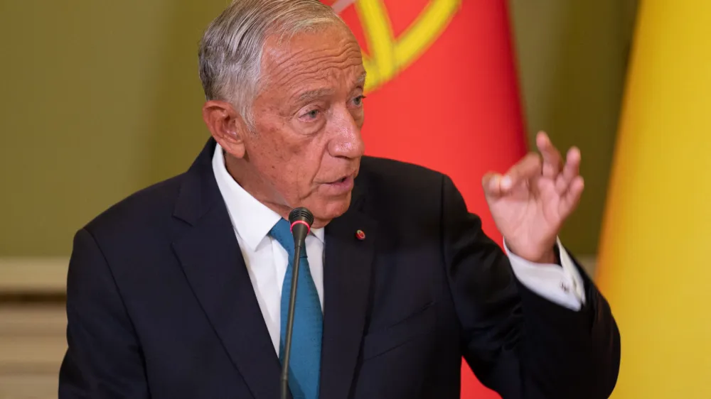 Handout photo shows Portugal's President Marcelo Rebelo de Sousa holds a press conference along with Ukraine's President following talks in Kyiv, Ukraine on August 24, 2023. Photo by Ukrainian Presidency via ABACAPRESS.COM