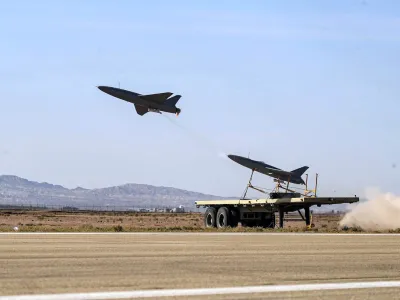 A drone is launched during a military exercise in an undisclosed location in Iran, in this handout image obtained on October 4, 2023. Iranian Army/WANA (West Asia News Agency)/Handout via REUTERS ATTENTION EDITORS - THIS PICTURE WAS PROVIDED BY A THIRD PARTY. QUALITY FROM SOURCE.