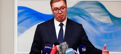 Serbia's President, Aleksandar Vucic speaks during a press conference as he attends the Brdo-Brijuni Process in Skopje, North Macedonia September 11, 2023. REUTERS/Ognen Teofilovski