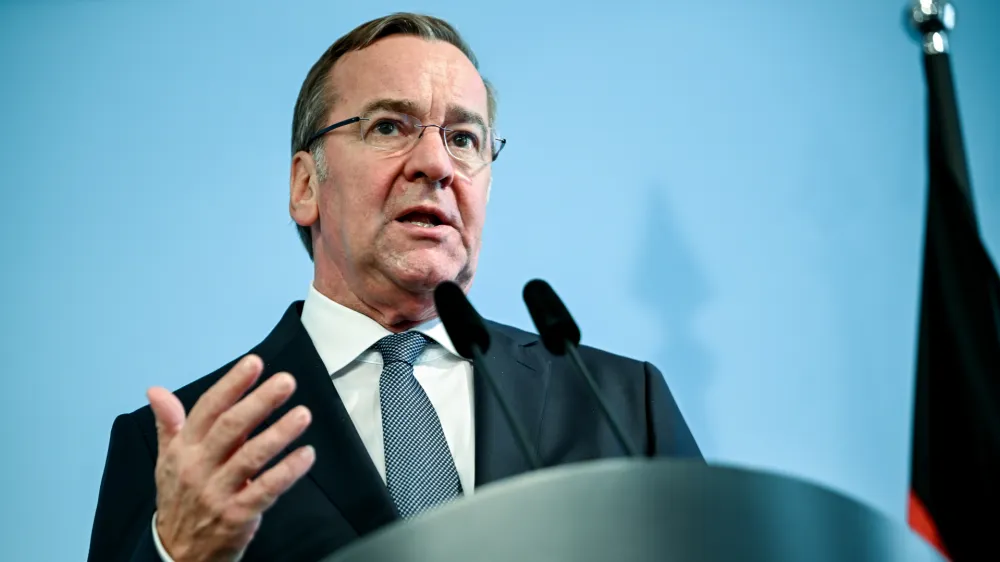 FILED - 28 September 2023, Berlin: Boris Pistorius, Germany's Defence Minister, speaks during a press conference with Israel's Defence Minister Yoav Gallant (Not Pictured) following the signing of an agreement for the sale of Israel's Arrow 3 missile defence system to Germany. Photo: Britta Pedersen/dpa
