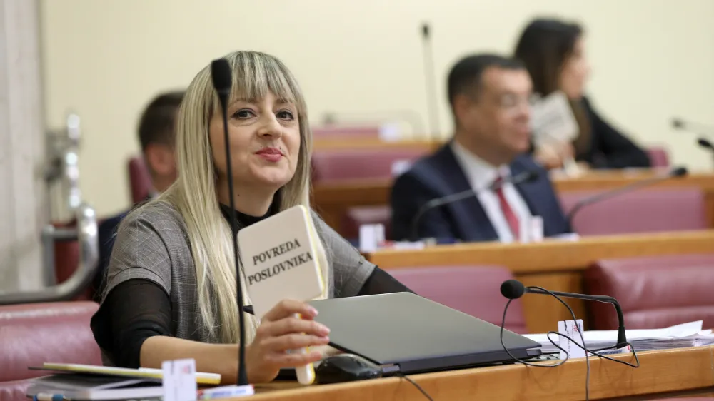 While Prime Minister Andrej Plenkovic came to the Parliament and in the continuation of the session presented the annual report of the Government of the Republic of Croatia, the MPs expressed their dissatisfaction with noise, in Zagreb, Croatia, on Oct 24, 2023. Photo: Patrik Macek/PIXSELL/Sipa USANo Use Germany.