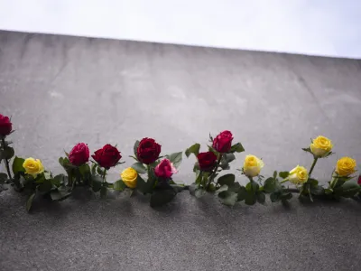 Flowers pile up in a crack in the Berlin Wall for the victims of the German division during an event to mark the 34th anniversary of the fall of the Berlin Wall at the Berlin Wall Memorial, Thursday, Nov. 9, 2023. (AP Photo/Markus Schreiber)