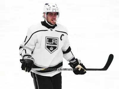 Nov 8, 2023; Las Vegas, Nevada, USA; Los Angeles Kings center Anze Kopitar (11) awaits a face off against the Vegas Golden Knights during the third period at T-Mobile Arena. Mandatory Credit: Stephen R. Sylvanie-USA TODAY Sports