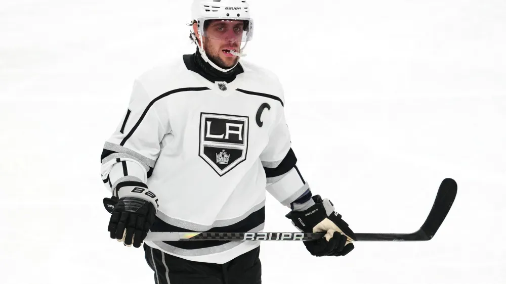 Nov 8, 2023; Las Vegas, Nevada, USA; Los Angeles Kings center Anze Kopitar (11) awaits a face off against the Vegas Golden Knights during the third period at T-Mobile Arena. Mandatory Credit: Stephen R. Sylvanie-USA TODAY Sports
