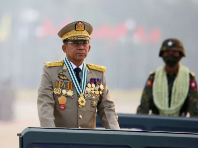 FILE PHOTO: FILE PHOTO: Myanmar's junta leader General Min Aung Hlaing, who ousted the elected government in a coup on February 1, 2021, presides over an army parade on Armed Forces Day in Naypyitaw, Myanmar, March 27, 2021. REUTERS/Stringer/File Photo/File Photo