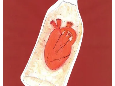 Steklenica, ki ponavadi vsebuje alkoholni zvarek, je v risbi napolnila s člove&scaron;kim srcem. Odvisnost nas ne uniči le telesno, temveč nam ukrade tudi du&scaron;o in srce.