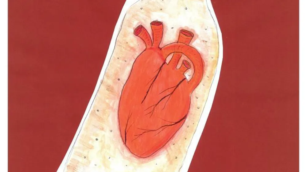 Steklenica, ki ponavadi vsebuje alkoholni zvarek, je v risbi napolnila s člove&scaron;kim srcem. Odvisnost nas ne uniči le telesno, temveč nam ukrade tudi du&scaron;o in srce.