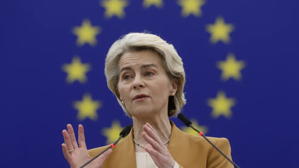 European Commission President Ursula von der Leyen delivers her speech during a session to prepare the Preparation of the Dec.14-15, 2023 European Council meeting, Wednesday, Dec. 13, 2023 in Strasbourg, eastern France. (AP Photo/Jean-Francois Badias)